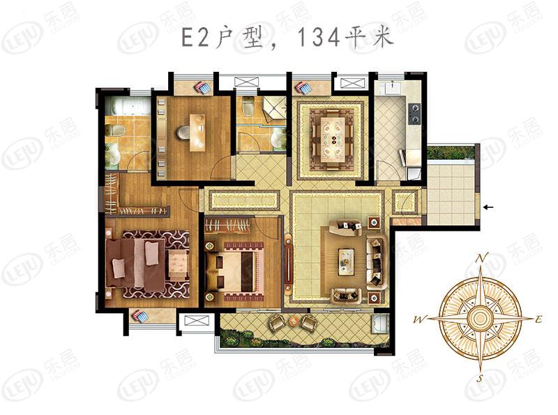 实地玫瑰庄园三室两厅两卫 e2户型 134平米户型图