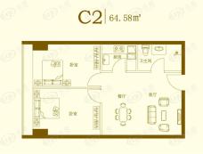富裕中心C2户型 两室两厅一卫户型图