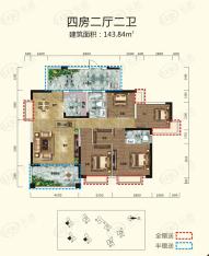 山语豪庭B-a户型143平米4房2厅2卫户型图