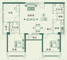 紫晶城房型: 二房;  面积段: 69.16 －71.65 平方米;户型图