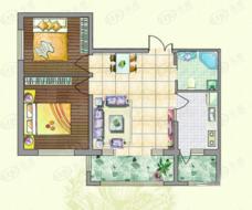 明悦浪漫城项目二2室2厅1卫51.00平米户型图